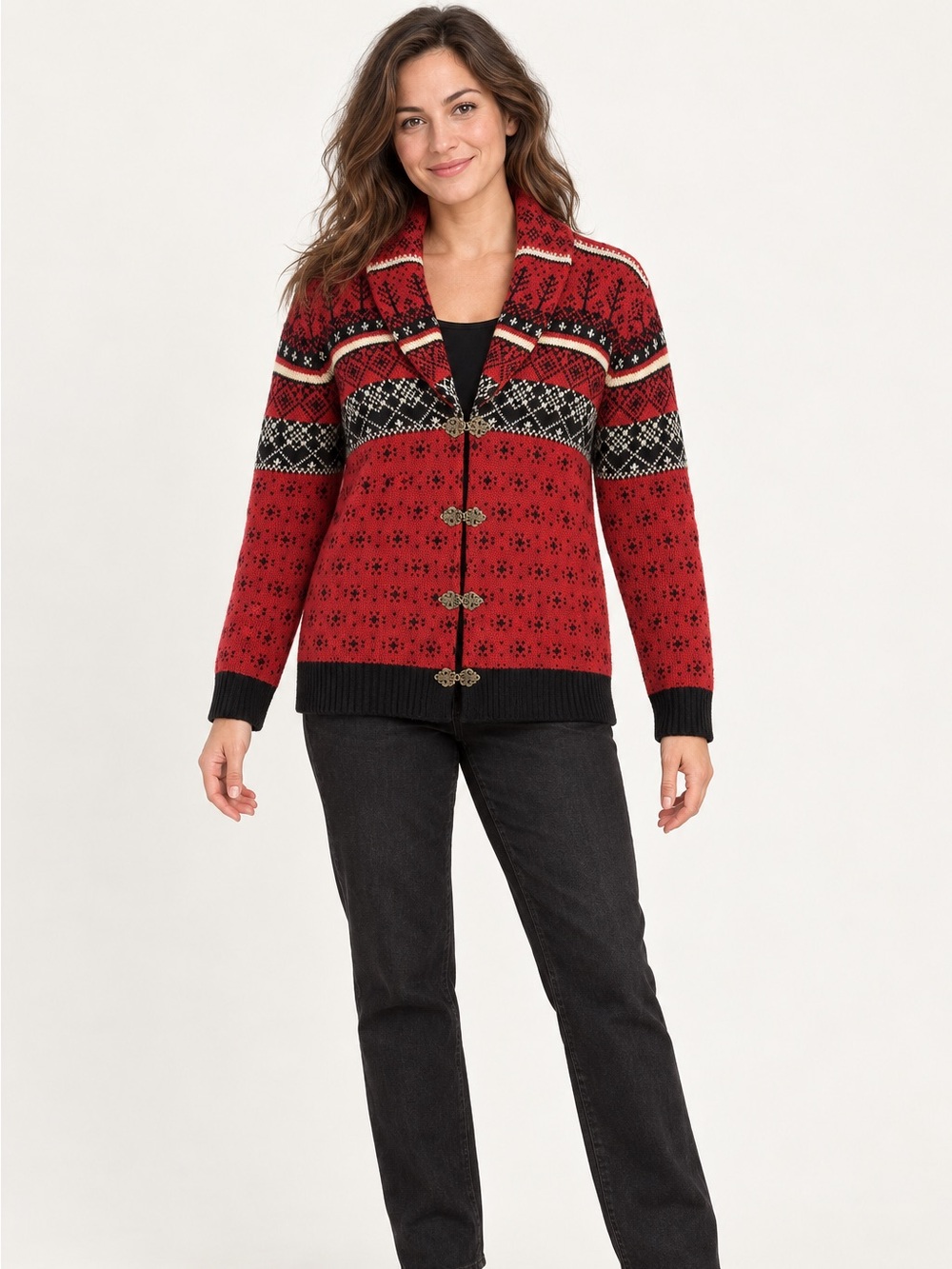 Susan Bristol Women’s Medium 100% Wool Fair Isle Nordic Cardigan Red